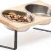 FUKUAMRU Raised Cat Bowl, Non-Slip Food Grade Stainless Steel & Rubber Wood, 15° Tilt Feeding Station for Cats and Dogs, Bowl Set