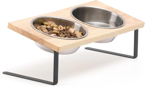 FUKUAMRU Raised Cat Bowl, Non-Slip Food Grade Stainless Steel & Rubber Wood, 15° Tilt Feeding Station for Cats and Dogs, Bowl Set