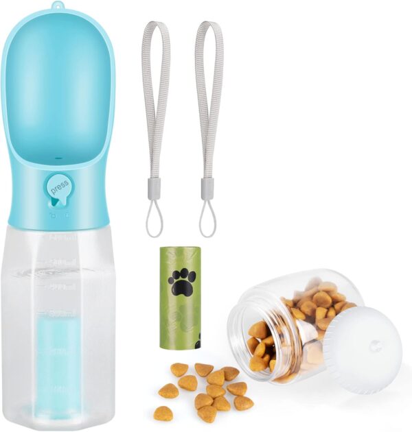 Zivacate Dog Drinking Bottle 600 ml Multifunctional Portable Dog Drinking Bottle for On the Go with 100 g Food Container and Waste Bag Dispenser for Puppies and Cats Travel Accessories Water Dispenser