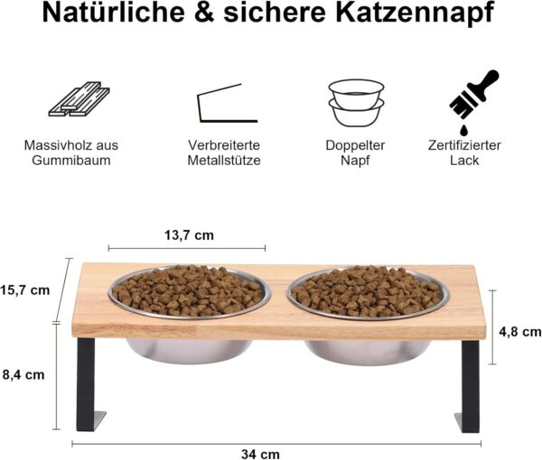 FUKUAMRU Raised Cat Bowl, Non-Slip Food Grade Stainless Steel & Rubber Wood, 15° Tilt Feeding Station for Cats and Dogs, Bowl Set