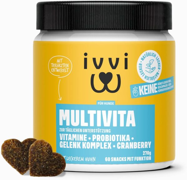 ivvi Multivitamin for dogs as a treat - all-round supply with probiotics, B vitamins, omega 3, green-lipped mussel, cranberry - 60 snacks (270 g) with chicken