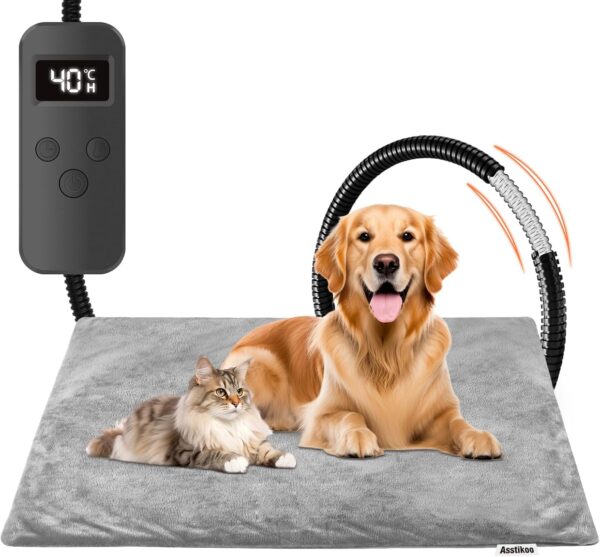 Asstikoo Pet Heating Pad for Cats, Dogs, Adjustable Dog Heating Pad with 12 Levels Timer and 30-55°C Temperature, Pet Electric Pet Heating Mat (L - 45 x 70 cm)