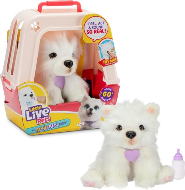71IkSSHzgPL._AC_SL1500_.jpg Little Live Pets My Really Real Puppy - Luna; Interactive Puppy; 60+ Sounds/Reactions; Realistic Look; 1 out of 72 Variations; Playset with Transport Box; Batteries Included; Ages 5+