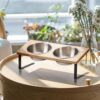 FUKUAMRU Raised Cat Bowl, Non-Slip Food Grade Stainless Steel & Rubber Wood, 15° Tilt Feeding Station for Cats and Dogs, Bowl Set