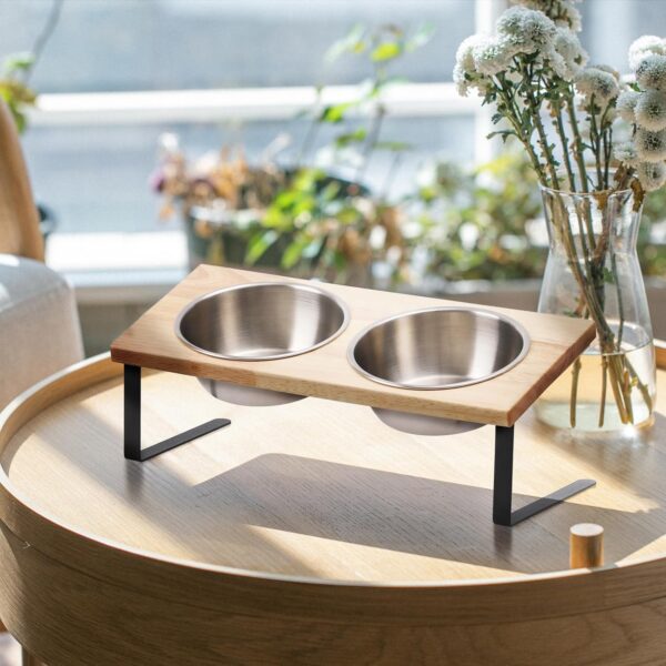 FUKUAMRU Raised Cat Bowl, Non-Slip Food Grade Stainless Steel & Rubber Wood, 15° Tilt Feeding Station for Cats and Dogs, Bowl Set