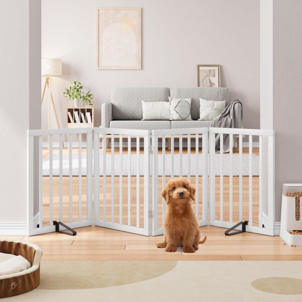 Semiocthome Solid Bamboo Dog Gate with 2 Stands, Freestanding Pet Gate for Doors and Stairs, 24" Height, 4 Panels Puppy Gate for Home, Fully Assembled Indoor Gate