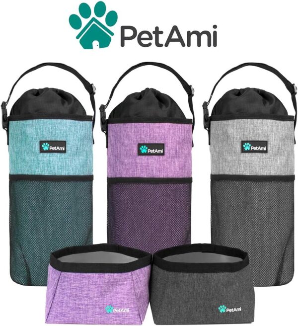 PetAmi Pet Food Travel Bag & Dog Bowls - Foldable Dog Food Container for Dry Food and Water | Waterproof Pet Travel Equipment Set (Sea Blue, Grey)