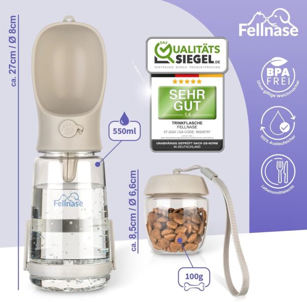 Fellnase Dog Water Bottle for Travelling - with Stand to Prevent Spills and Feeder I 550 ml Water Bottle for Dogs and Cats I Water Bowl with Water Return Valve I Leak-Proof (Velvet Grey)