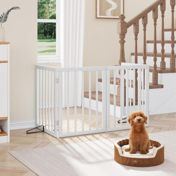 Semiocthome Solid Bamboo Dog Gate with 2 Stands, Freestanding Pet Gate for Doors and Stairs, 24" Height, 4 Panels Puppy Gate for Home, Fully Assembled Indoor Gate