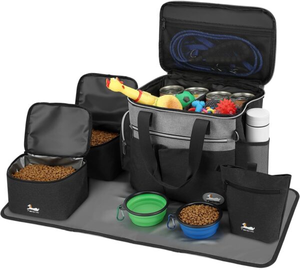 TAIHOYIN Dog Travel Bag Plane Pet Travel Set for Dog Accessories with 2 Food Bags + 2 Foldable Bowls + Feeding Mat + Dog Treat Bag Dog Carry Bag for On the Go Black