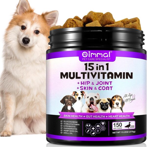 15-in-1 Multivitamin for Dogs - 150 Chews with Joint Support, Digestive Health, Heart, Skin & Coat Care - Dog Vitamins A, E, D3, B12 & Essential Minerals