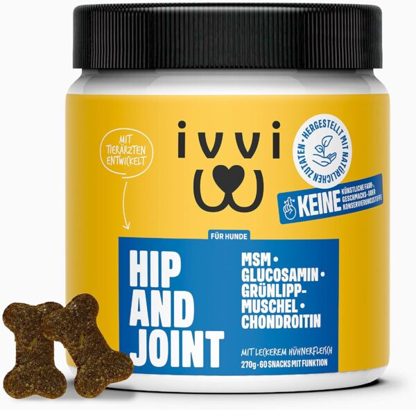 ivvi Hip & Joint - Highly Concentrated Joint Tablets for Dogs as Treats with Green-Lipped Mussel Dog, Glucosamine, Chondroitin & MSM - 60 Delicious Snacks (270 g) with Chicken