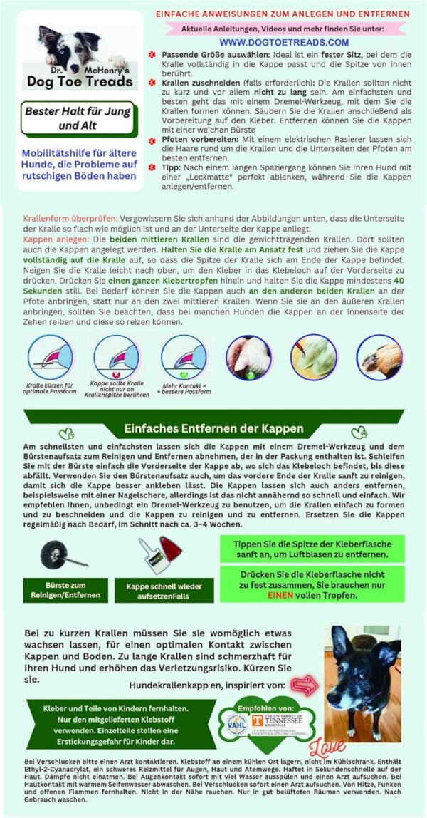 Dr. McHenry's Dog Claw Caps Set of 24 with Glue and Cleaning Brush, More Grip and Stability on Slippery Floors, Medium for 7-18kg Weight