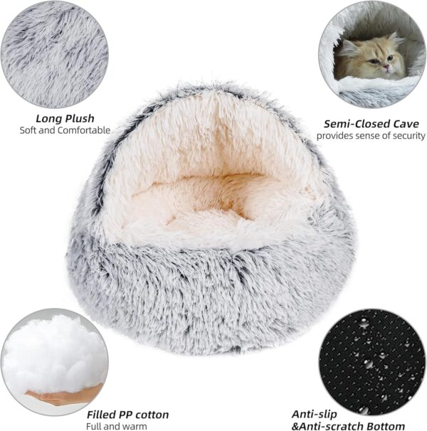 storchenbeck Cat Bed Round Plush Fluffy Hood Soothing Cat Bed Cave for Dogs and Cats, Washable, Non-Slip Waterproof Base, 20 Inches (Grey)