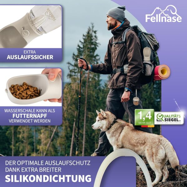 Fellnase Dog Water Bottle for Travelling - with Stand to Prevent Spills and Feeder I 550 ml Water Bottle for Dogs and Cats I Water Bowl with Water Return Valve I Leak-Proof (Velvet Grey)