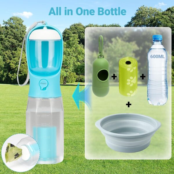 Zivacate Dog Drinking Bottle 600 ml Multifunctional Portable Dog Drinking Bottle for On the Go with 100 g Food Container and Waste Bag Dispenser for Puppies and Cats Travel Accessories Water Dispenser