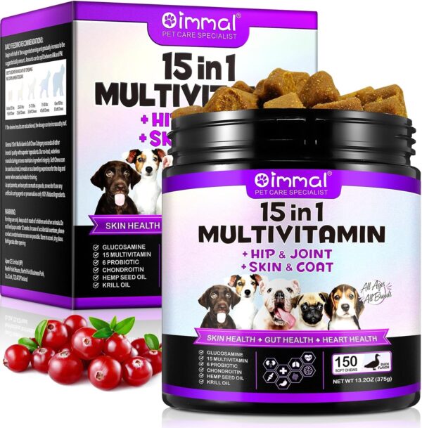 15-in-1 Multivitamin for Dogs - 150 Chews with Joint Support, Digestive Health, Heart, Skin & Coat Care - Dog Vitamins A, E, D3, B12 & Essential Minerals